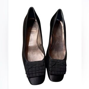 Salvatore Ferragamo black satin kitten heels with pleats and bow detail Size 6